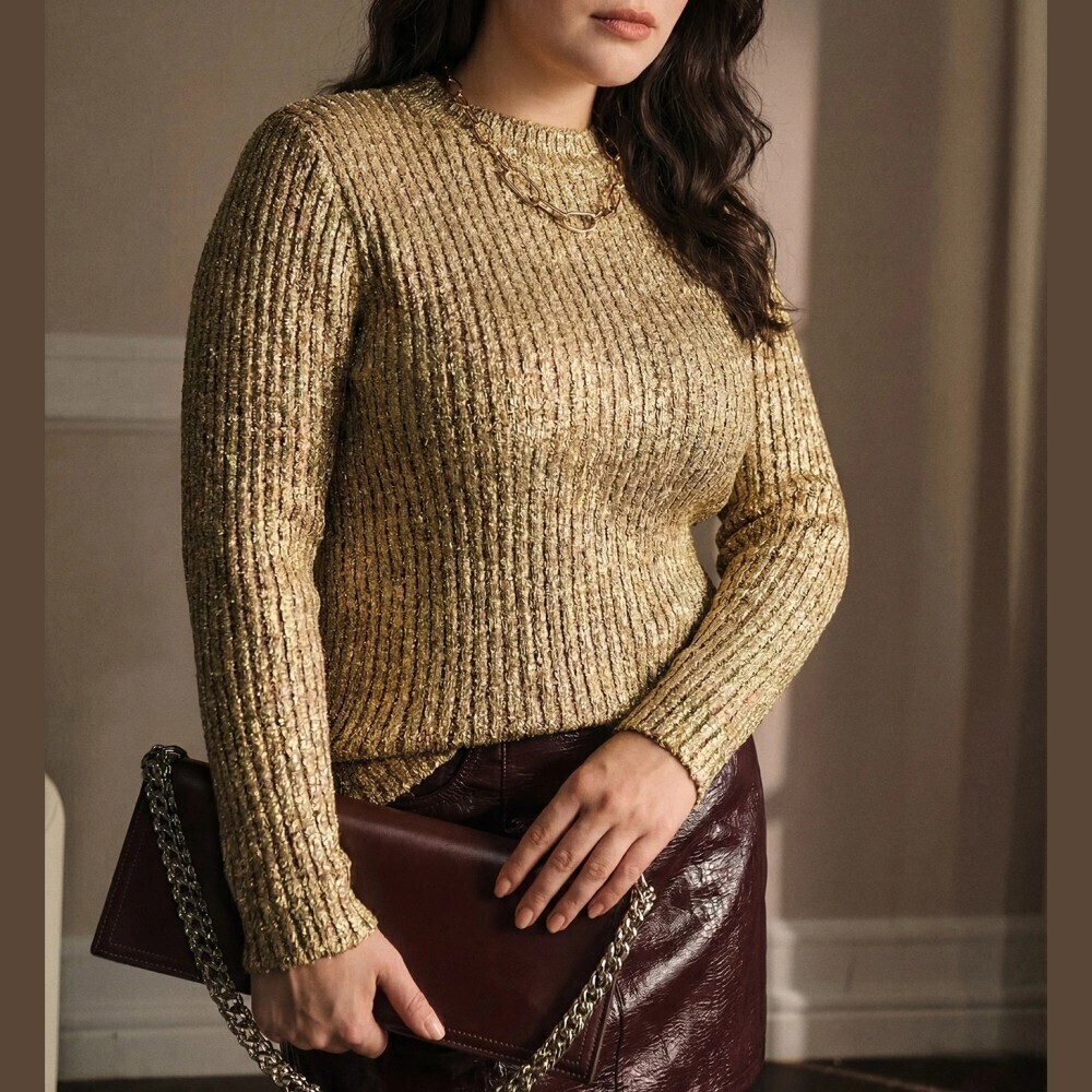 Metallic Gold Ribbed Knit Stand Collar Long Sleeve Slim Fit Sweater